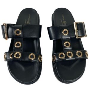 Chinese Laundry Black Studded Slide Sandals Buckle Strappy Casual Women's 8